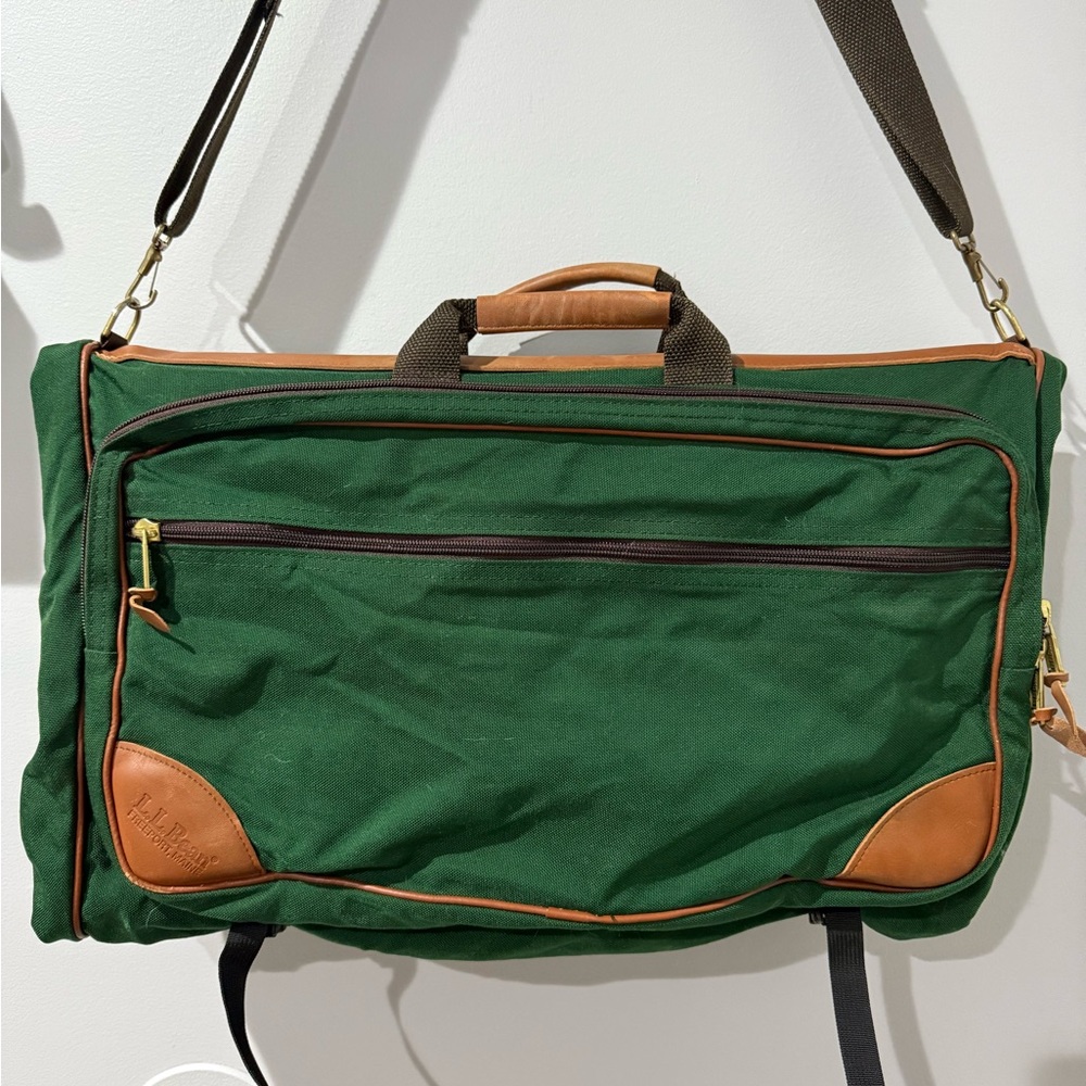 80s 90s LL BEAN Green Canvas Leather Folding Garment Carrying Bag Travel Vintage
